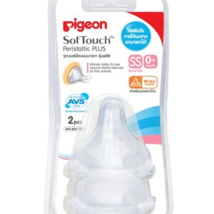 Pigeon จุกนมเสมือนนมมารดา รุ่น Plus ขนาด SS แพค 2 ชิ้น สำหรับทารกแรกเกิด ทนความร้อน 120 °C นุ่มพิเศษ ยืดหยุ่นสูง ระบบ AVS ลดท้องอืดและโคลิก ปลอดภัยต่อทารก