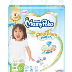MAMY POKO Premium EXTRA DRY ผ้าอ้อมเทป ไซส์ XL 60 ชิ้น นวัตกรรมจากญี่ปุ่น ซึมซับเร็วด้วยแนวซึมซับสปีด แอร์ เวฟ ขอบเอวซอฟ แอร์ เน็ต ระบายอากาศรอบทิศทาง ป้องกันการรั่วซึม Perfect Lock & Double Lock