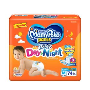 MAMY POKO Pants Happy DAY&NIGHT กางเกงผ้าอ้อมเด็ก ไซส์ M 74 ชิ้น ซึมซับได้นาน 8 ชั่วโมง ใช้ได้ทั้งกลางวันและกลางคืน เพิ่มแผ่นระบายอากาศ ลดความอับชื้น ให้ลูกน้อยแห้งสบายตลอดวัน