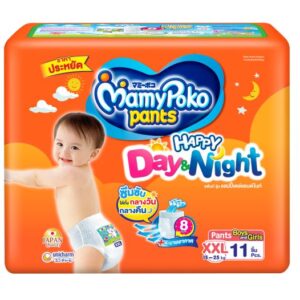 MAMY POKO กางเกงผ้าอ้อมเด็ก DAY&NIGHT ไซส์ XXL 11 ชิ้น ซึมซับยาวนาน 8 ชั่วโมง ใช้ได้ทั้งกลางวันและกลางคืน เพิ่มแผ่นระบายอากาศ ลดความอับชื้น ให้ลูกน้อยแห้งสบาย