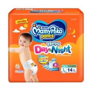 MAMY POKO Day & Night กางเกงผ้าอ้อมเด็ก Size L จำนวน 14 ชิ้น ซึมซับยาวนาน แห้งสบาย ระบายอากาศดี ลดการระคายเคืองผิว ใช้ได้ทั้งกลางวันและกลางคืน เหมาะสำหรับเด็กน้ำหนัก 9–14 กิโลกรัม