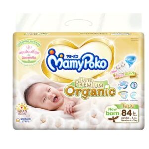 MAMY POKO Organic NB 84 ชิ้น ผ้าอ้อมเทปเด็กสำหรับเด็กแรกเกิด แผ่นซึมซับผสมออร์แกนิคคอตตอน อ่อนโยน ลดการระคายเคือง มีแถบวัดความชื้นและดีไซน์เว้าสะดือ
