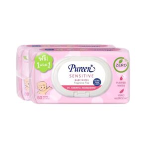 PUREEN Wet Wipe Sensitive ผ้าเช็ดทำความสะอาดสูตรอ่อนโยน เหมาะสำหรับทารกแรกเกิดและผิวแพ้ง่าย ปราศจากแอลกอฮอล์ พาราเบน และน้ำหอม แพ็คคู่ 160 แผ่น