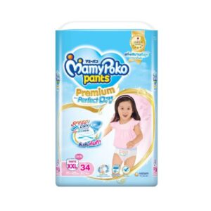 MAMY POKO Pants Premium Extra Dry เด็กหญิง Size XXL 34 ชิ้น ขอบเอวระบายอากาศ 360° ลดอุณหภูมิภายในผ้าอ้อม ซึมซับเร็ว แห้งยาวนาน นุ่ม ไม่ระคายเคือง