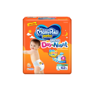 MAMY POKO Pants Happy DAY&NIGHT กางเกงผ้าอ้อมเด็ก ไซส์ L จำนวน 62 ชิ้น ซึมซับได้นานถึง 8 ชั่วโมง ใช้ได้ทั้งกลางวันและกลางคืน เพิ่มแผ่นระบายอากาศ ลดความอับชื้น ให้ลูกน้อยสบายตัวตลอดวัน