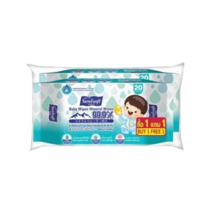 SANISOFT Baby Wipes 99.9% Mineral Water ทิชชู่เปียกสำหรับเด็ก แพ็คคู่ 20x2 แผ่น อ่อนโยนด้วยอโลเวร่าและวิตามิน E ปราศจากแอลกอฮอล์ พาราเบน และสารกันเสีย