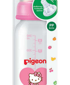 Pigeon ขวดนม PP คิตตี้ ขนาด 240 มล. พร้อมจุกนมเสมือนนมมารดา รุ่นมินิ ขนาด M สำหรับเด็กอายุ 4-5 เดือน ผลิตจาก PP คุณภาพสูง ปลอดสาร BPA/BPS จุกนมซิลิโคน AVS ช่วยลดท้องอืด ดูดสบายเหมือนนมแม่