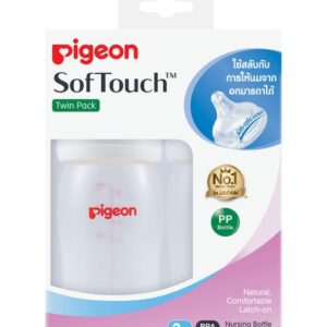 Pigeon ขวดนม PPWN ทรงคอกว้าง 240 มล. แพค 2 ขวด มาพร้อมจุกนม SofTouch รุ่น Plus ขนาด M เสมือนนมมารดา ปลอดสาร BPA/BPS ทนความร้อน 110°C ระบบ AVS ลดท้องอืด เหมาะสำหรับเด็ก 3 เดือนขึ้นไป