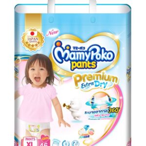 MAMY POKO EXTRA DRY Skin ผ้าอ้อมเทปเด็กผู้หญิง ไซส์ XL 46 ชิ้น ซึมซับเร็ว ระบายอากาศ 360° แห้งสบายยาวนาน 12 ชม.