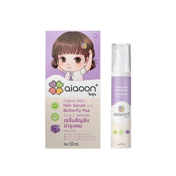 AIAOON Organic Baby Hair Serum 50ml เซรั่มอัญชัญบำรุงผมสำหรับเด็ก แบบไม่ต้องล้างออก สูตรอ่อนโยน เหมาะสำหรับผิวบอบบาง ช่วยบำรุงเส้นผมให้แข็งแรง ดกดำ และบำรุงหนังศีรษะให้ชุ่มชื่น