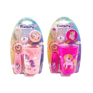 DR.PHILLIPS ชุดแปรงสีฟันเด็ก 3-7 ปี ลายยูนิคอร์น พร้อมแก้วและฝาครอบ ขนแปรงนุ่ม ปลายมนกลม ปลอดภัยต่อเหงือกและฟันเด็ก มีไฟจับเวลา 2 นาที