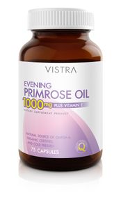 Vistra Evening Primrose Oil 1000 mg 75 แคปซูล — น้ำมันอีฟนิ่งพริมโรสเข้มข้นอุดมด้วย GLA ช่วยบำรุงผิวพรรณ เพิ่มความชุ่มชื้น และสนับสนุนสมดุลฮอร์โมนเพื่อสุขภาพโดยรวม เหมาะสำหรับใช้งานทุกวัน