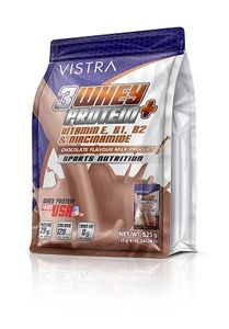 Vistra 3 Whey Protein Chocolate 15 ซอง — เวย์โปรตีนผงรสช็อกโกแลตที่ประกอบด้วยเวย์ 3 ชนิด ช่วยเสริมสร้างกล้ามเนื้อ ฟื้นฟูร่างกายหลังออกกำลังกาย และเพิ่มพลังงาน เหมาะสำหรับทุกช่วงวัยและผู้ที่ต้องการโภชนาการโปรตีนครบถ้วน