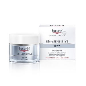 Eucerin UltraSENSITIVE Q10X Day Cream 50ml ครีมกลางวันสำหรับผิวแพ้ง่าย ช่วยเติมความชุ่มชื้น ฟื้นฟูผิวที่มีริ้วรอยเริ่มเห็น ให้ผิวเรียบเนียน กระจ่างใส และยืดหยุ่น เหมาะสำหรับใช้ทุกเช้า