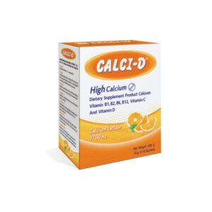 Calci‑D High Calcium Orange 100 g 10 ซอง — แคลเซียมผงละลายน้ำรสส้มผสมวิตามิน B1, B2, B6, B12, Vitamin C และ Vitamin D ช่วยเสริมการดูดซึมแคลเซียมและสุขภาพกระดูก เหมาะสำหรับการดูแลสุขภาพทุกวัน