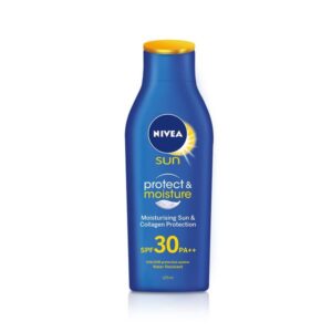 โลชั่นกันแดด NIVEA Sun Protect & Moisture SPF30 125ml ช่วยปกป้องผิวจากรังสี UVA/UVB พร้อมเติมความชุ่มชื้น ไม่เหนียวเหนอะหนะ เหมาะสำหรับใช้ทุกวันและกิจกรรมกลางแจ้ง
