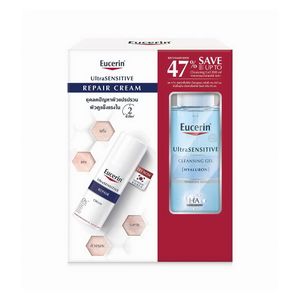 ชุดบำรุงผิว Eucerin UltraSensitive Repair & Cleansing Gel Set สำหรับผิวแพ้ง่าย ประกอบด้วย Cleansing Gel 200ml และ Repair Gel Cream 50ml ช่วยทำความสะอาดอย่างอ่อนโยน พร้อมเติมความชุ่มชื้นและปลอบประโลมผิว ใช้ได้ทุกวัน