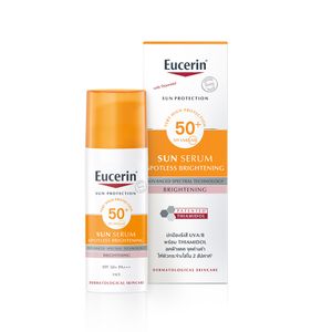 Eucerin Sun Spotless Brightening Serum SPF50+ PA+++ 50ml เซรั่มกันแดดสูตรบางเบา ปกป้องผิวจาก UVA/UVB พร้อมช่วยลดเลือนฝ้าแดดและจุดด่างดำ ให้ผิวแลดูกระจ่างใส เหมาะสำหรับใช้งานทุกวัน