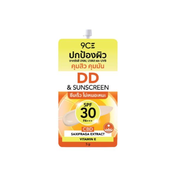 ครีมกันแดดหน้า 9CE DD Sunscreen SPF30 PA+++ 5g เนื้อบางเบา ซึมไว ไม่เหนียวเหนอะหนะ ช่วยปกป้องผิวจาก UVA/UVB พร้อมคุมมันและลดโอกาสเกิดสิว เหมาะสำหรับใช้ทุกวันก่อนออกแดด